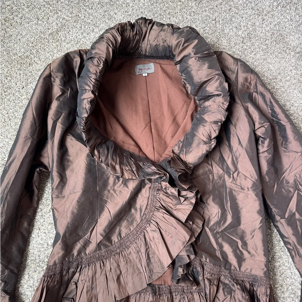 Zina Eva 100% Silk Vintage Brown Ruffle-Trim Jacket